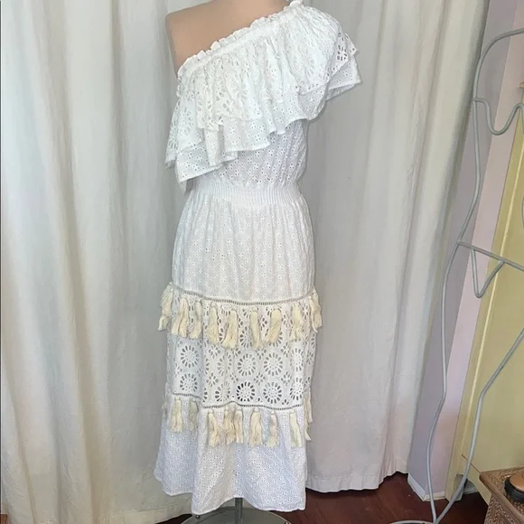 Misa Los Angeles White Ruffled One-Shoulder eyelet Clea tiered midi Sundress - Picture 2 of 6